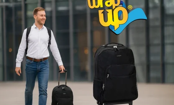 Adult traveler pulling a rolling suitcase for college travel in an airport setting