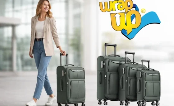 Adult traveler walking through an airport pulling a rolling suitcase, with a coordinated family luggage set visible beside them