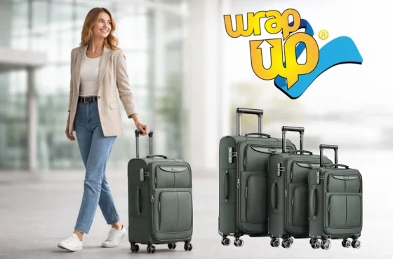 Adult traveler walking through an airport pulling a rolling suitcase, with a coordinated family luggage set visible beside them