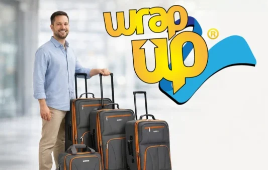 Adult traveler standing next to affordable luggage sets with softside rolling suitcases in a modern airport setting