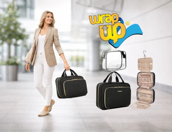 Adult traveler holding a compact personal item bag beside a rolling suitcase in a modern airport, realistic scale and minimalist setting.