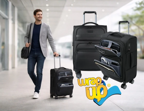 Adult traveler walking through an airport using a rolling suitcase with front laptop compartment, shown full body with clean background