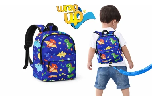 Toddler backpack with safety leash shown from front and back, compact travel option often compared to a rolling suitcase for family trips