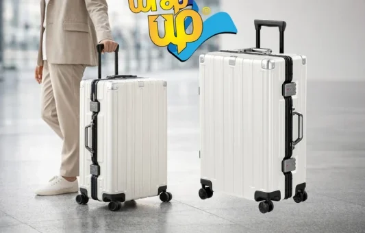Adult traveler pulling a white hardside suitcase with spinner wheels in an airport, representing best hardside luggage