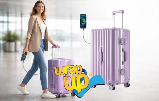 Hard shell suitcase with wheels and charging port used at an airport, ideal as best luggage for digital nomads