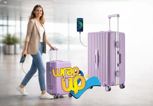 Hard shell suitcase with wheels and charging port used at an airport, ideal as best luggage for digital nomads