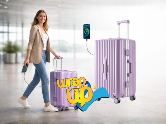 Hard shell suitcase with wheels and charging port used at an airport, ideal as best luggage for digital nomads