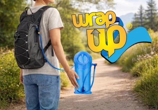 Person wearing travel backpacks with hydration system on a mountain trail outdoors