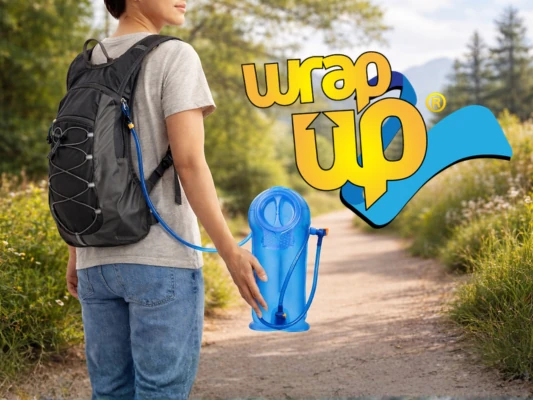 Person wearing travel backpacks with hydration system on a mountain trail outdoors