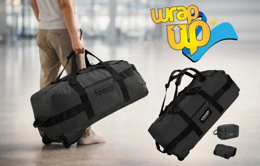 Person carrying rolling duffel bag in airport, best long travel luggage option for extended trips