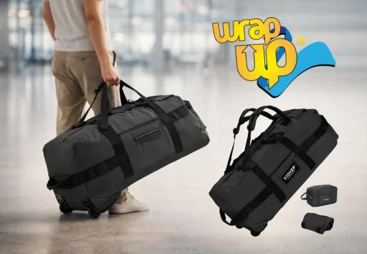 Person carrying rolling duffel bag in airport, best long travel luggage option for extended trips