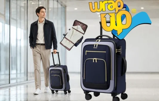 Man pulling a best carry-on garment suitcase in a modern airport terminal
