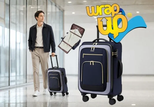 Man pulling a best carry-on garment suitcase in a modern airport terminal