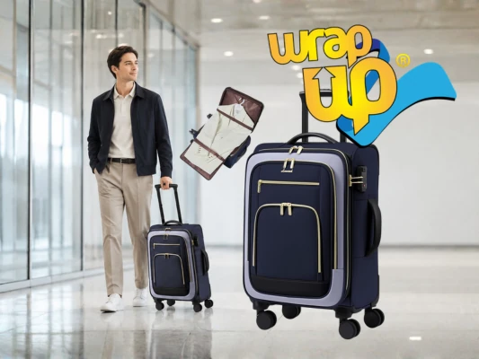 Man pulling a best carry-on garment suitcase in a modern airport terminal
