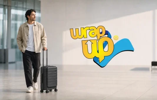 Traveler pulling expandable luggage with straps in a modern airport terminal
