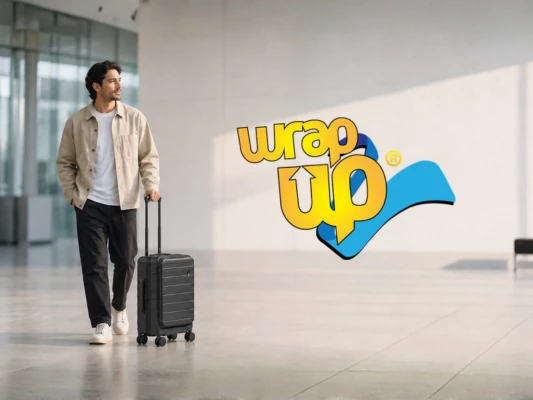 Traveler pulling expandable luggage with straps in a modern airport terminal