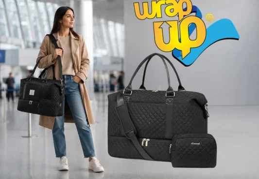 Traveler carrying a travel tote with luggage sleeve in a modern airport terminal