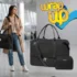 Traveler carrying a travel tote with luggage sleeve in a modern airport terminal