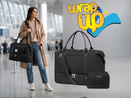 Traveler carrying a travel tote with luggage sleeve in a modern airport terminal