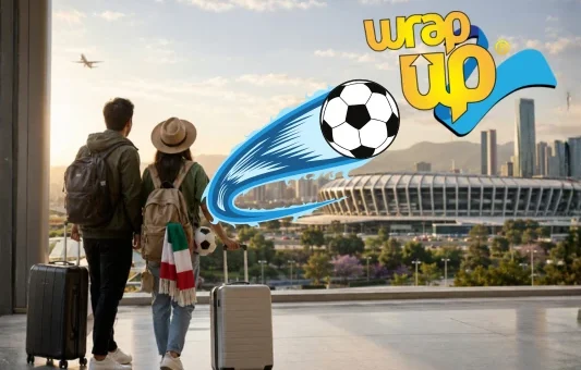 Travelers with luggage heading to a stadium for the World Cup 2026 opening ceremony in Mexico City