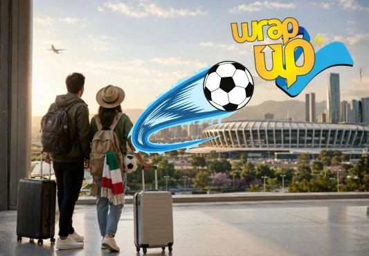 Travelers with luggage heading to a stadium for the World Cup 2026 opening ceremony in Mexico City