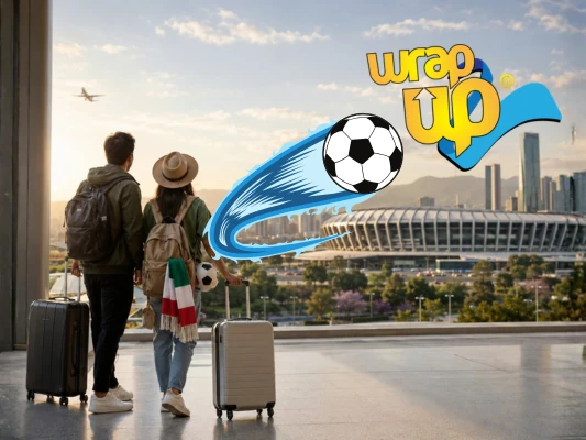 Travelers with luggage heading to a stadium for the World Cup 2026 opening ceremony in Mexico City