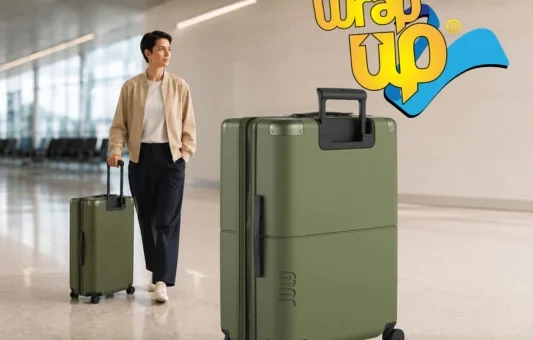 Traveler pulling lightweight checked travel luggage through a modern airport terminal