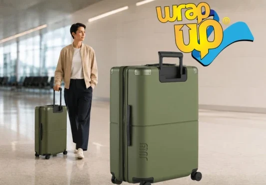 Traveler pulling lightweight checked travel luggage through a modern airport terminal