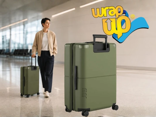 Traveler pulling lightweight checked travel luggage through a modern airport terminal