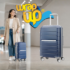 Adult traveler pulling smart hard shell luggage through a modern airport terminal with organized travel style