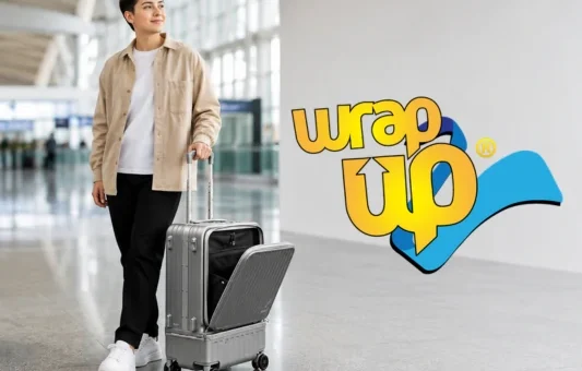 Traveler with carry-on luggage featuring a separate laundry compartment in a modern airport