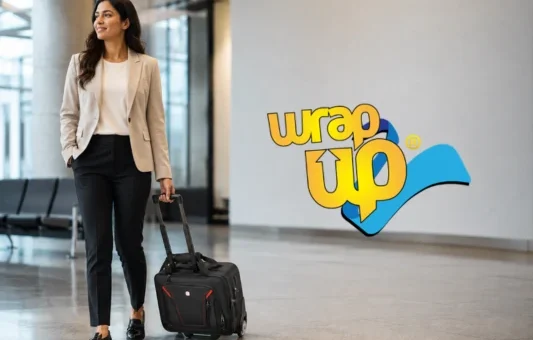 Business traveler pulling a wheeled laptop bag for travel through a modern airport terminal