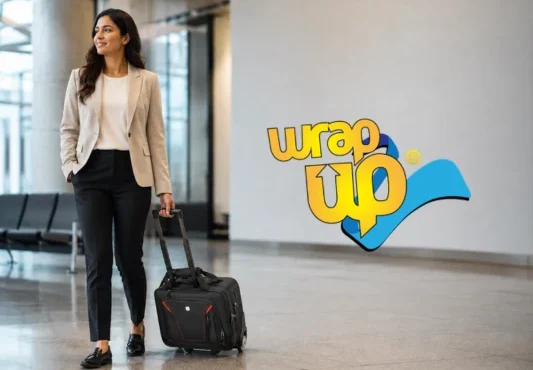 Business traveler pulling a wheeled laptop bag for travel through a modern airport terminal