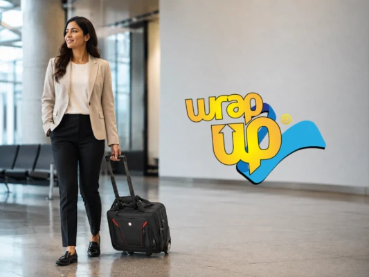 Business traveler pulling a wheeled laptop bag for travel through a modern airport terminal