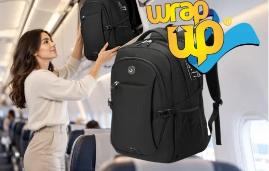 Passenger placing a best slim travel backpack in an airplane overhead compartment