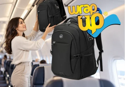 Passenger placing a best slim travel backpack in an airplane overhead compartment