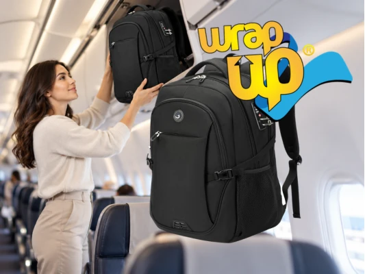 Passenger placing a best slim travel backpack in an airplane overhead compartment