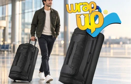 Traveler pulling a wheeled duffel bag through a modern airport terminal for easier travel