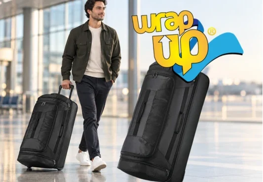 Traveler pulling a wheeled duffel bag through a modern airport terminal for easier travel