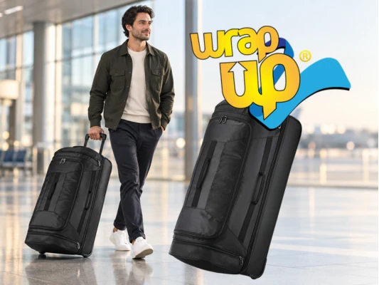 Traveler pulling a wheeled duffel bag through a modern airport terminal for easier travel