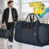 Traveler carrying a carry-on weekender bag through a modern airport terminal