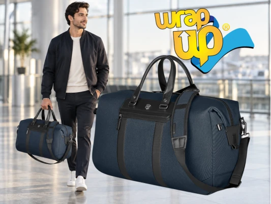 Traveler carrying a carry-on weekender bag through a modern airport terminal