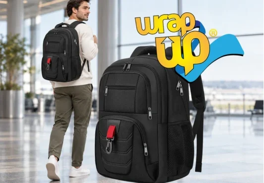 Traveler wearing a student backpack with compartments inside a modern airport terminal