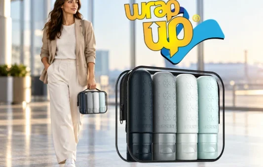 Traveler carrying the best TSA-approved toiletry bag with clear storage and travel-size bottles at an airport.