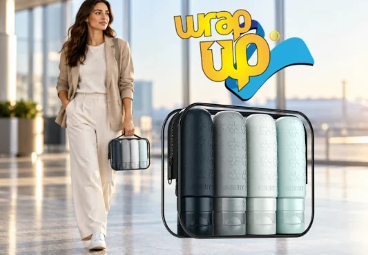 Traveler carrying the best TSA-approved toiletry bag with clear storage and travel-size bottles at an airport.
