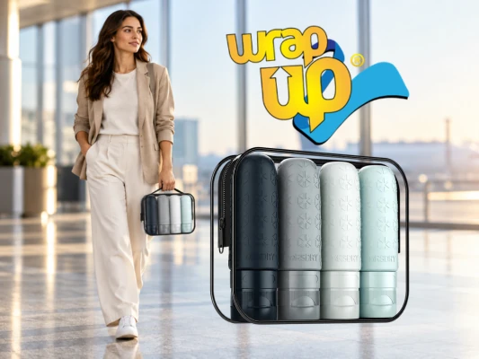 Traveler carrying the best TSA-approved toiletry bag with clear storage and travel-size bottles at an airport.