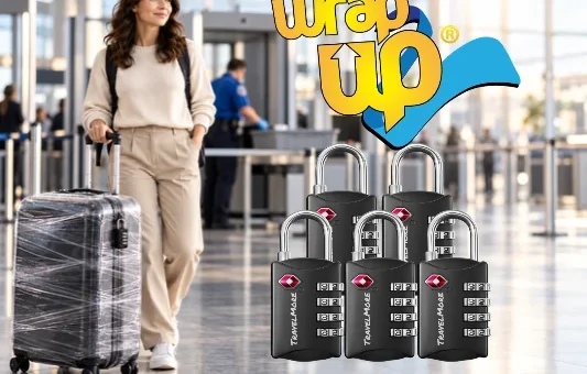Traveler with plastic-wrapped luggage and a combination lock near an airport security checkpoint.