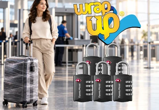 Traveler with plastic-wrapped luggage and a combination lock near an airport security checkpoint.