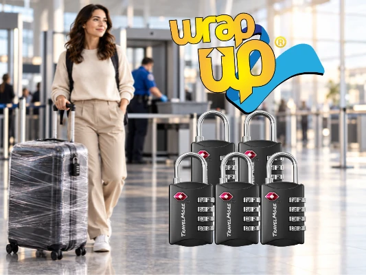 Traveler with plastic-wrapped luggage and a combination lock near an airport security checkpoint.